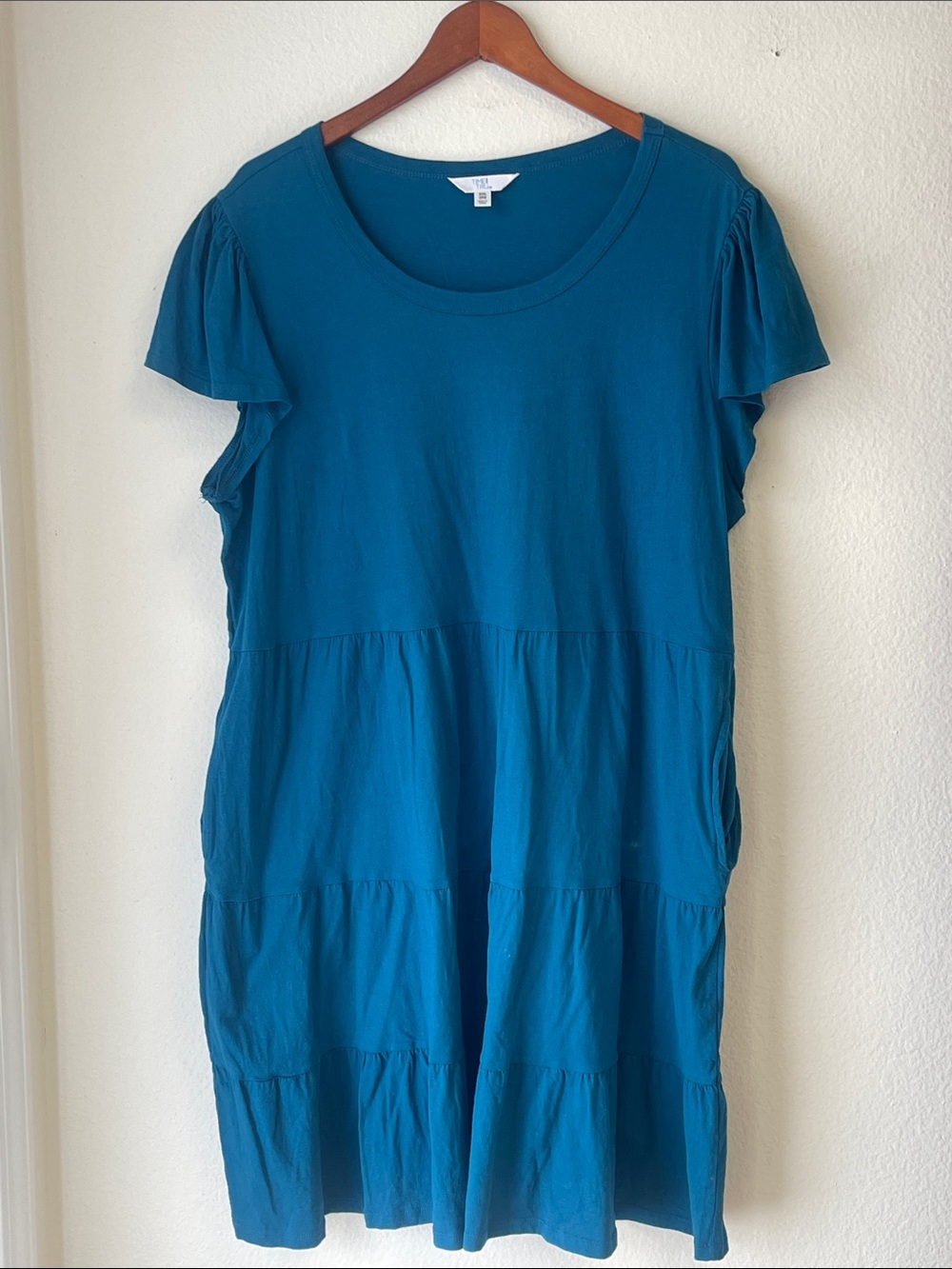 Time and Tru Teal Tiered Flutter Sleeve Mini Dress